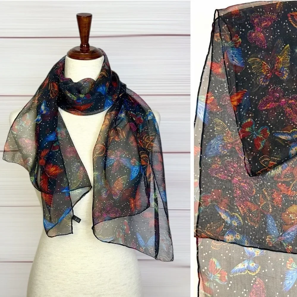 J&X NY Silk Chiffon Oblong Scarf Black Sheer Butterfly Print Hand Rolled 21x56